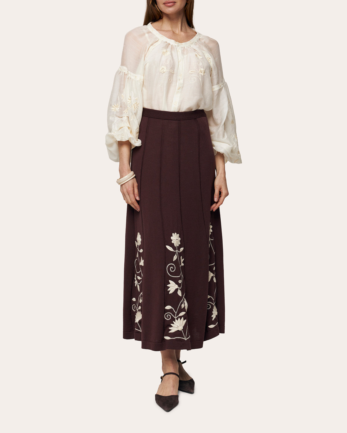Etherea Embroidered Wool Pleated Maxi Skirt
