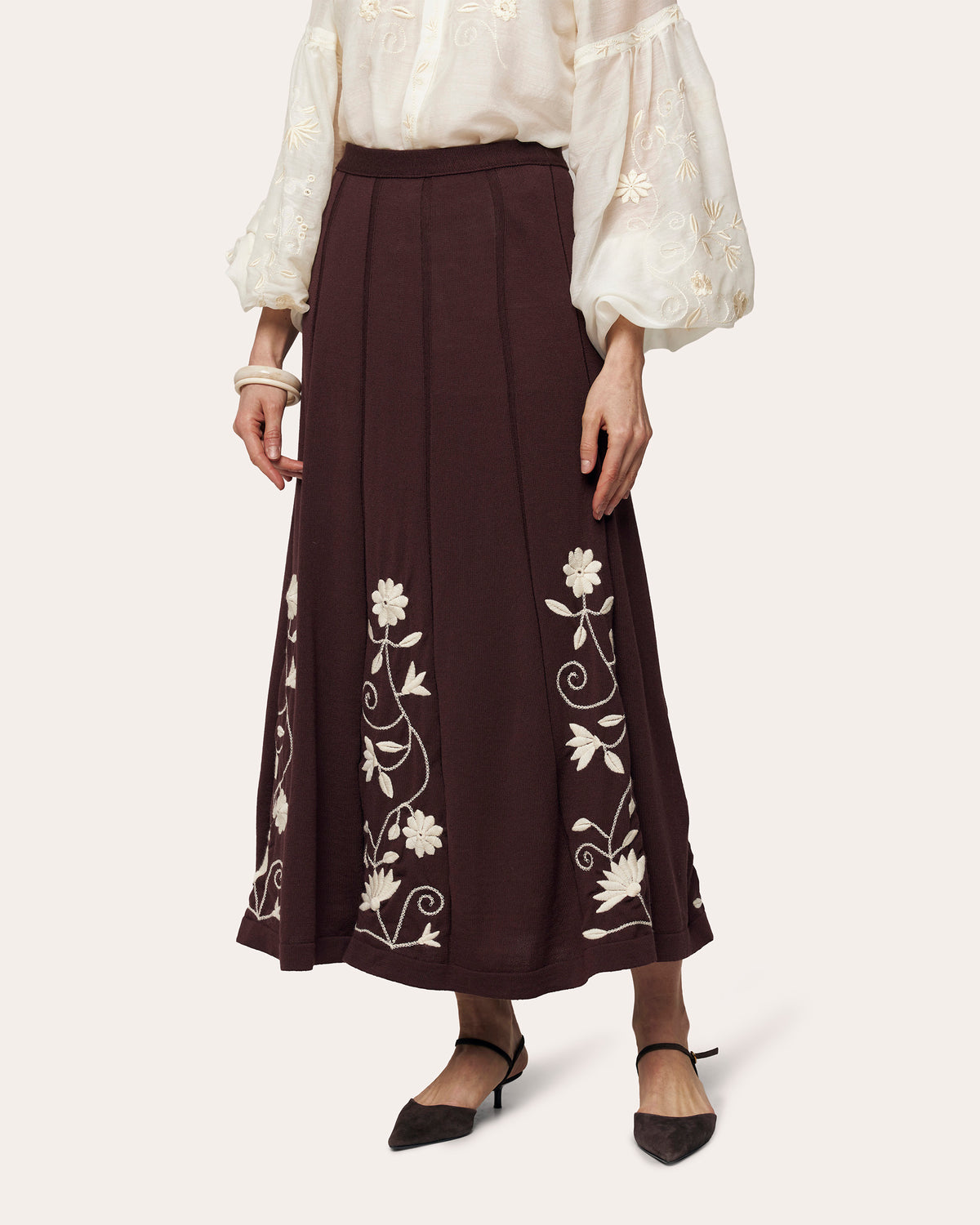 Etherea Embroidered Wool Pleated Maxi Skirt