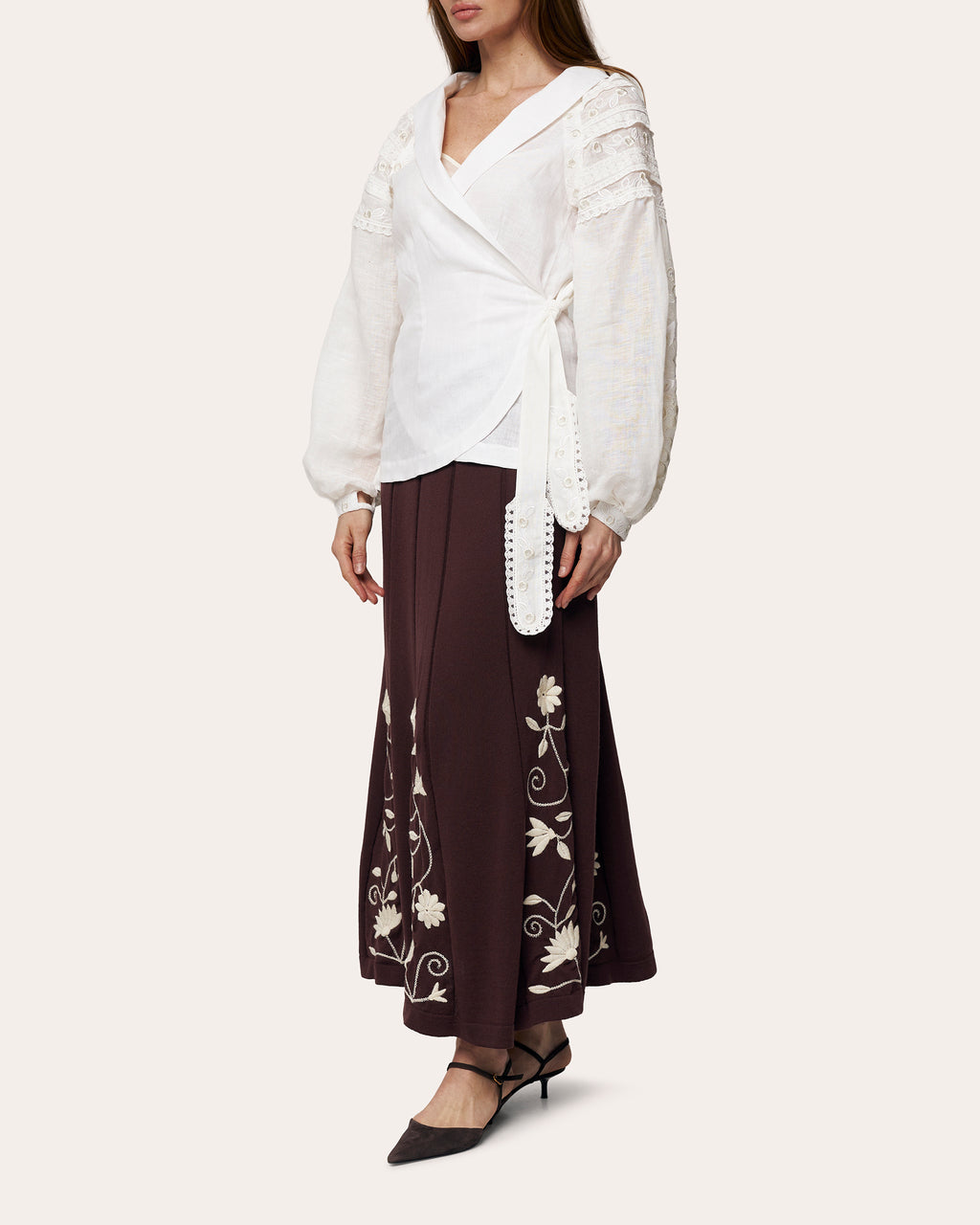 Etherea Embroidered Wool Pleated Maxi Skirt