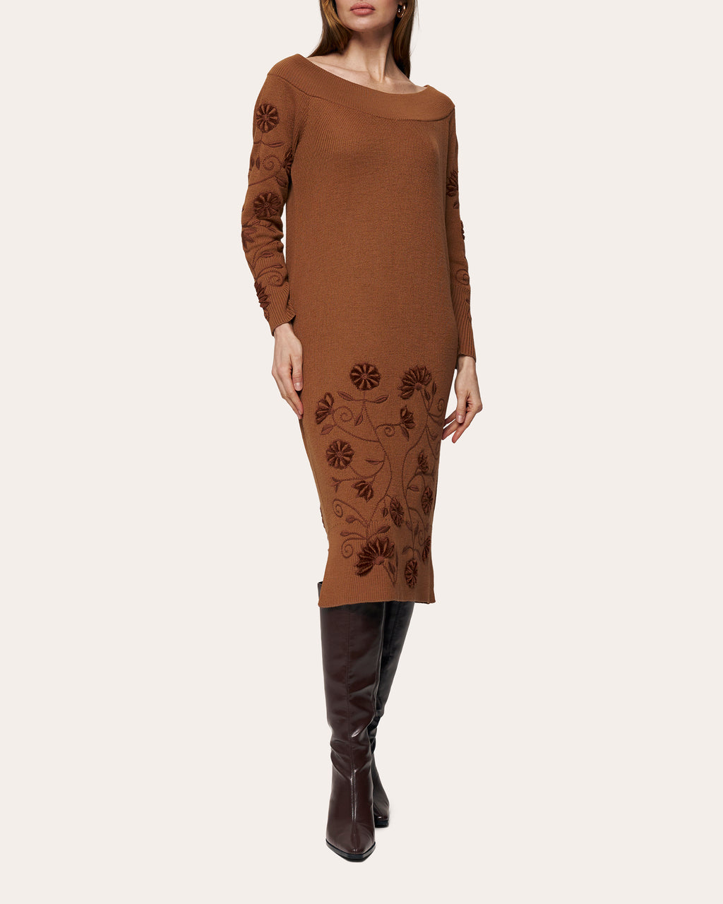 Etherea Embroidered Wool Off-Shoulder Midi Dress