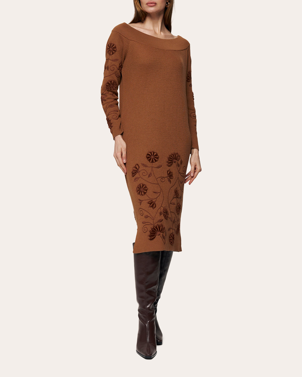 Etherea Embroidered Wool Off-Shoulder Midi Dress