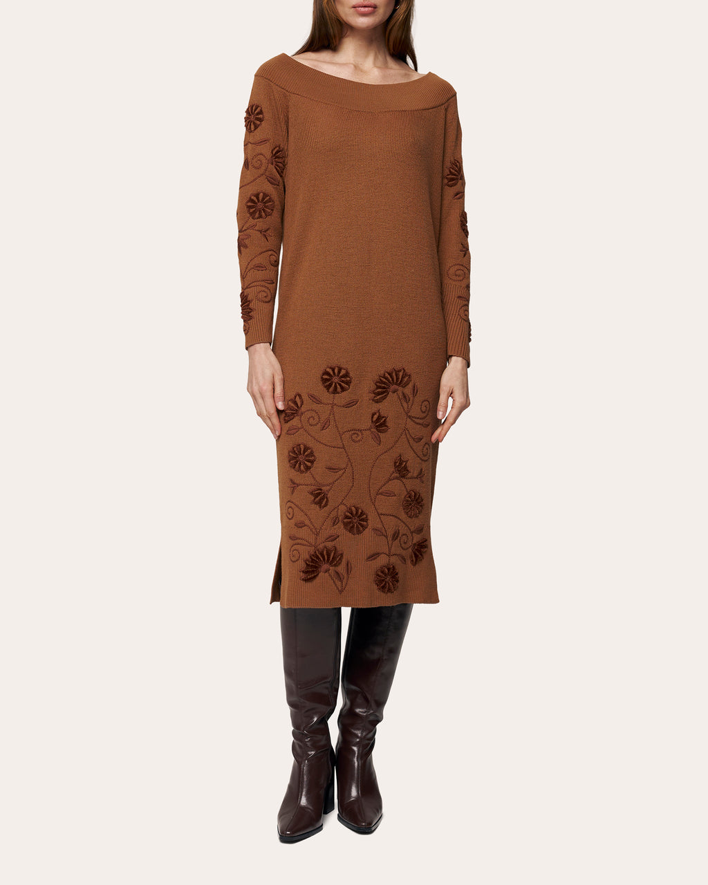 Etherea Embroidered Wool Off-Shoulder Midi Dress