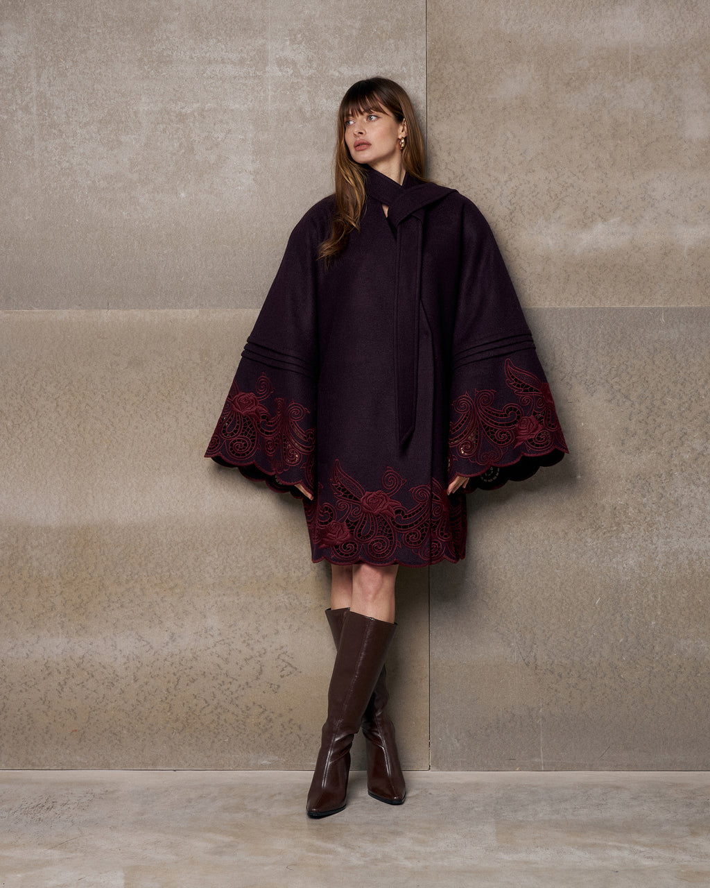 Winter Plum Embroidered Cutwork Wrap Coat