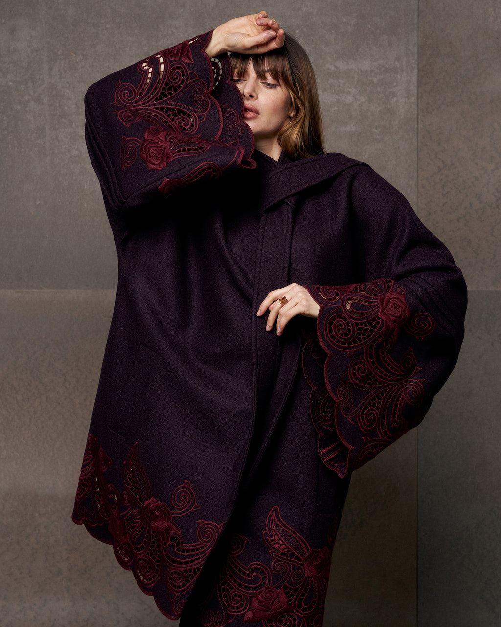 Winter Plum Embroidered Cutwork Wrap Coat