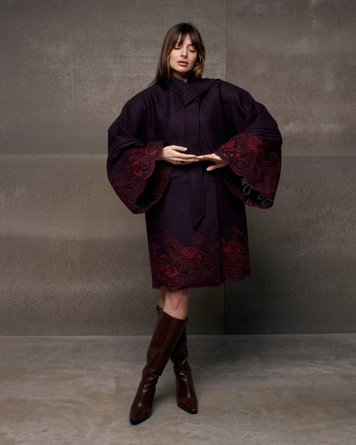 Winter Plum Embroidered Cutwork Wrap Coat