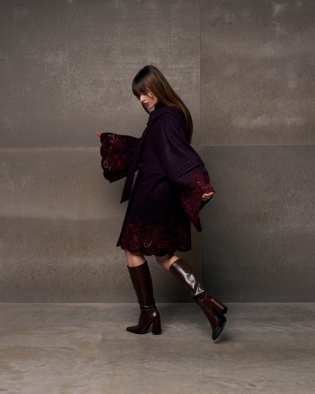 Winter Plum Embroidered Cutwork Wrap Coat