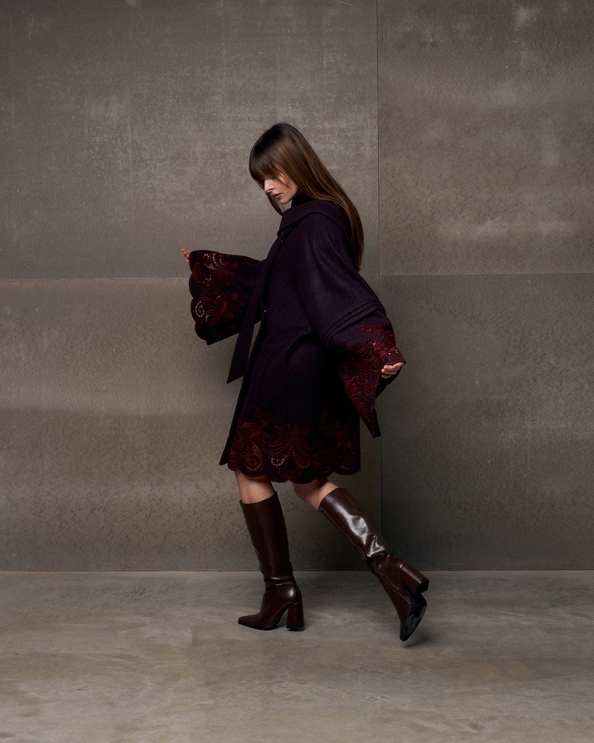 Winter Plum Embroidered Cutwork Wrap Coat