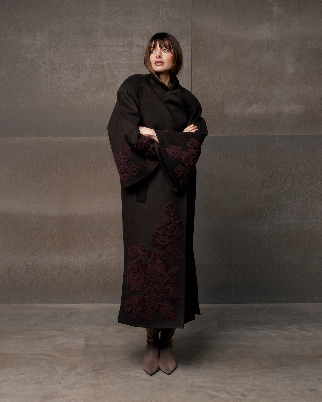 Ashen Rose Embroidered Wool Coat