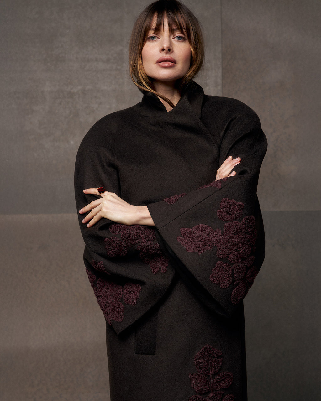 Ashen Rose Embroidered Wool Coat