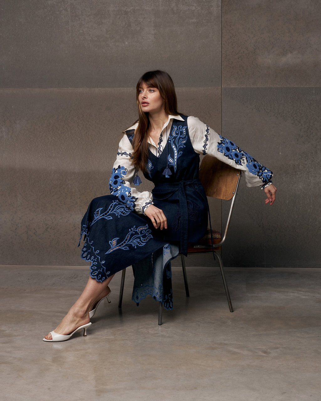 Midnight Rose Embroidered Denim Midi Dress