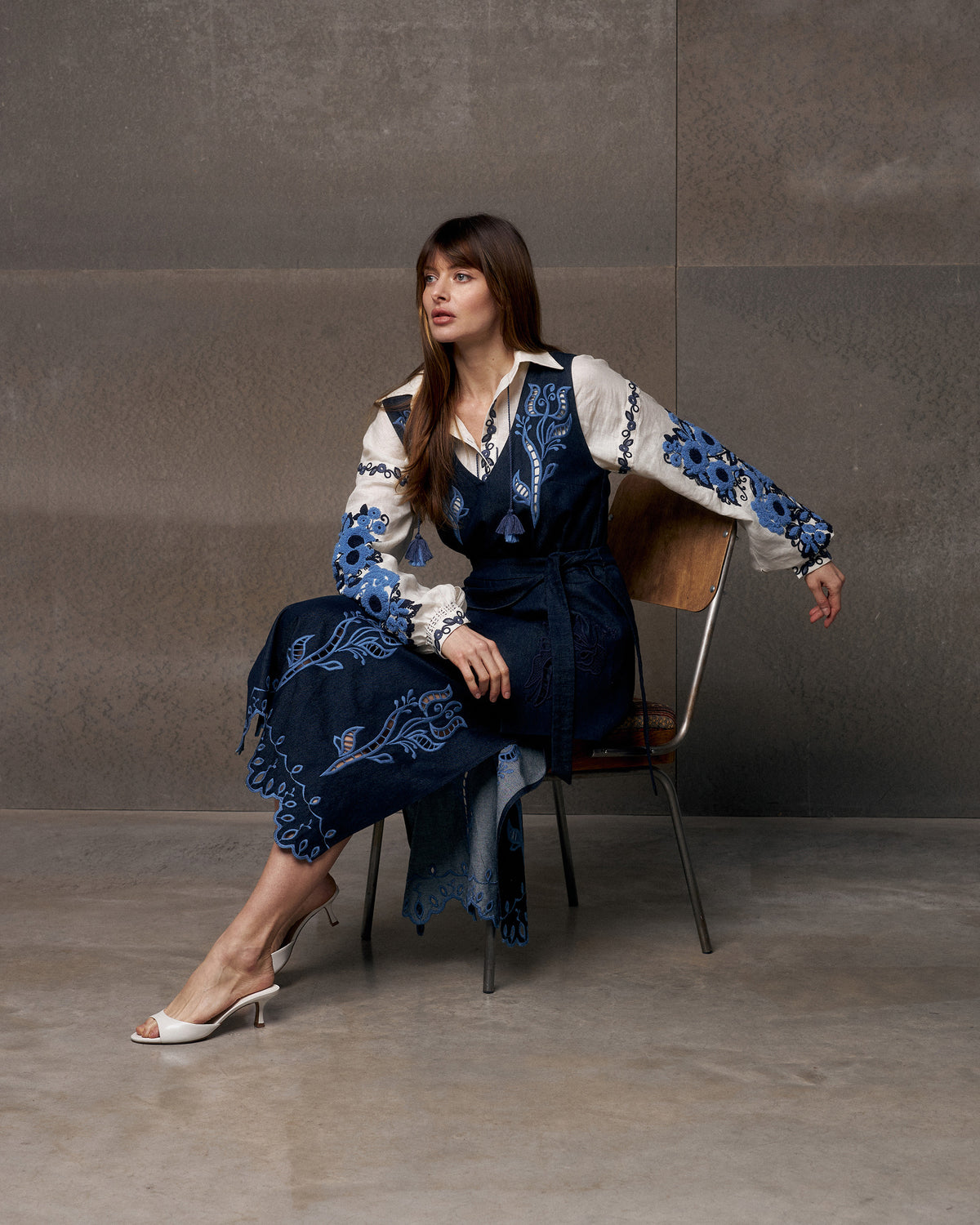 Midnight Rose Embroidered Denim Midi Dress
