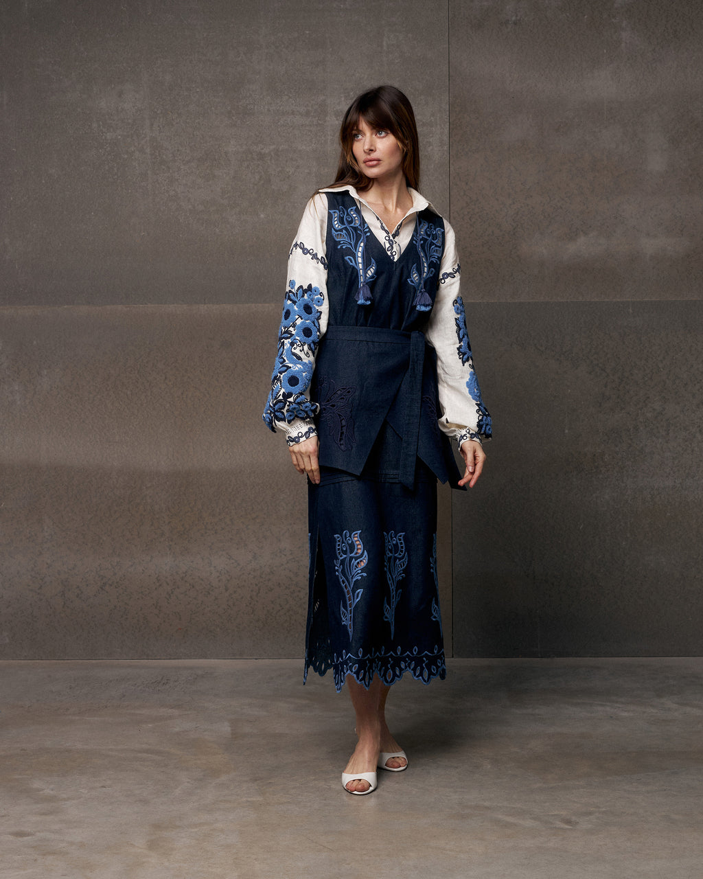 Midnight Rose Embroidered Denim Midi Dress