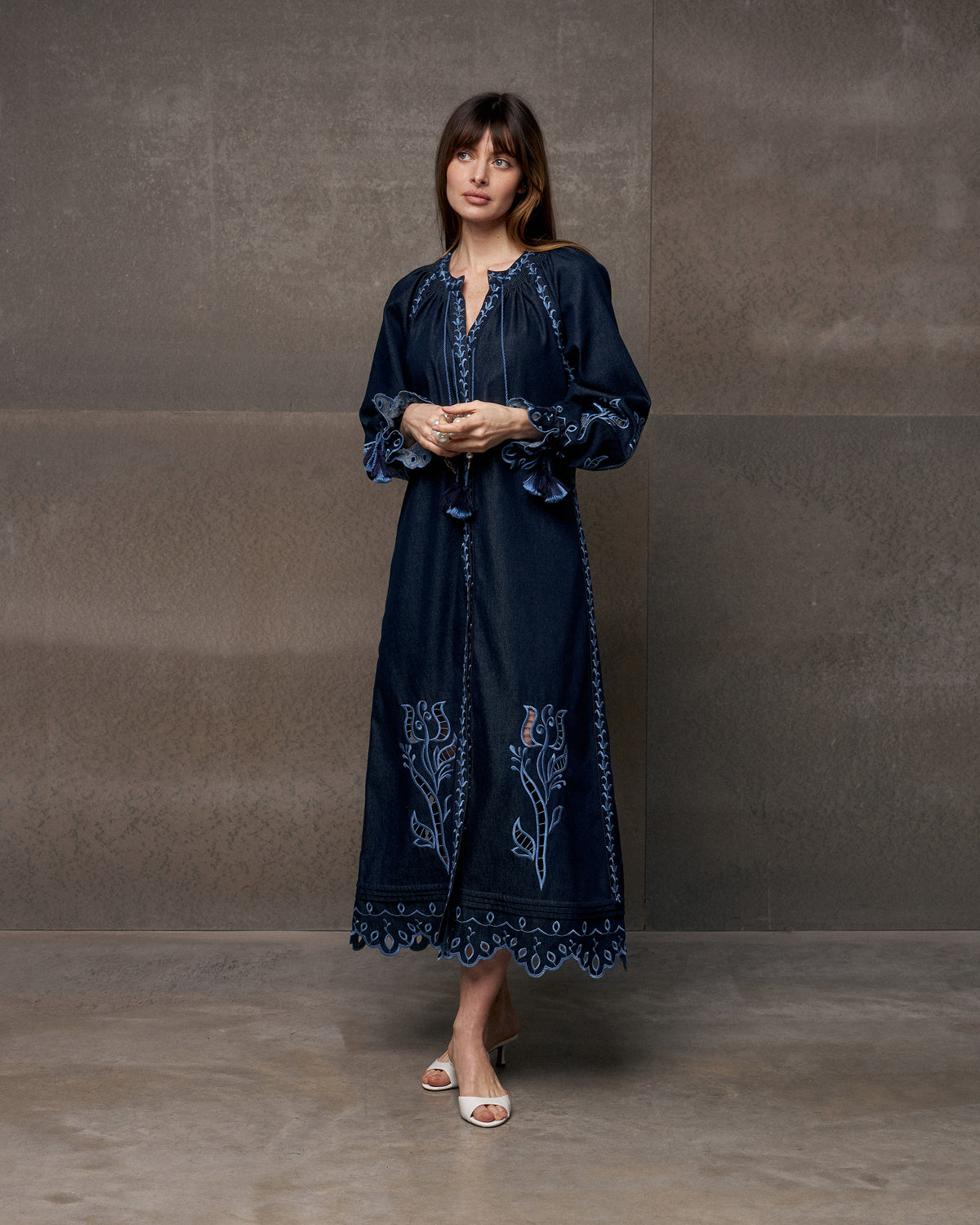 Midnight Rose Embroidered Cotton Maxi Dress