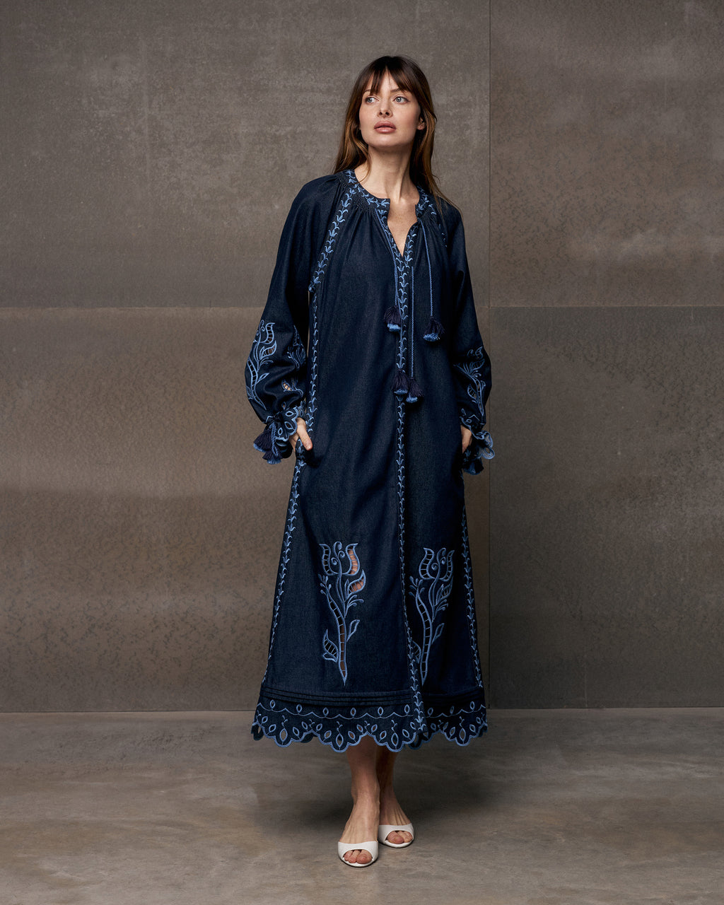 Midnight Rose Embroidered Cotton Maxi Dress