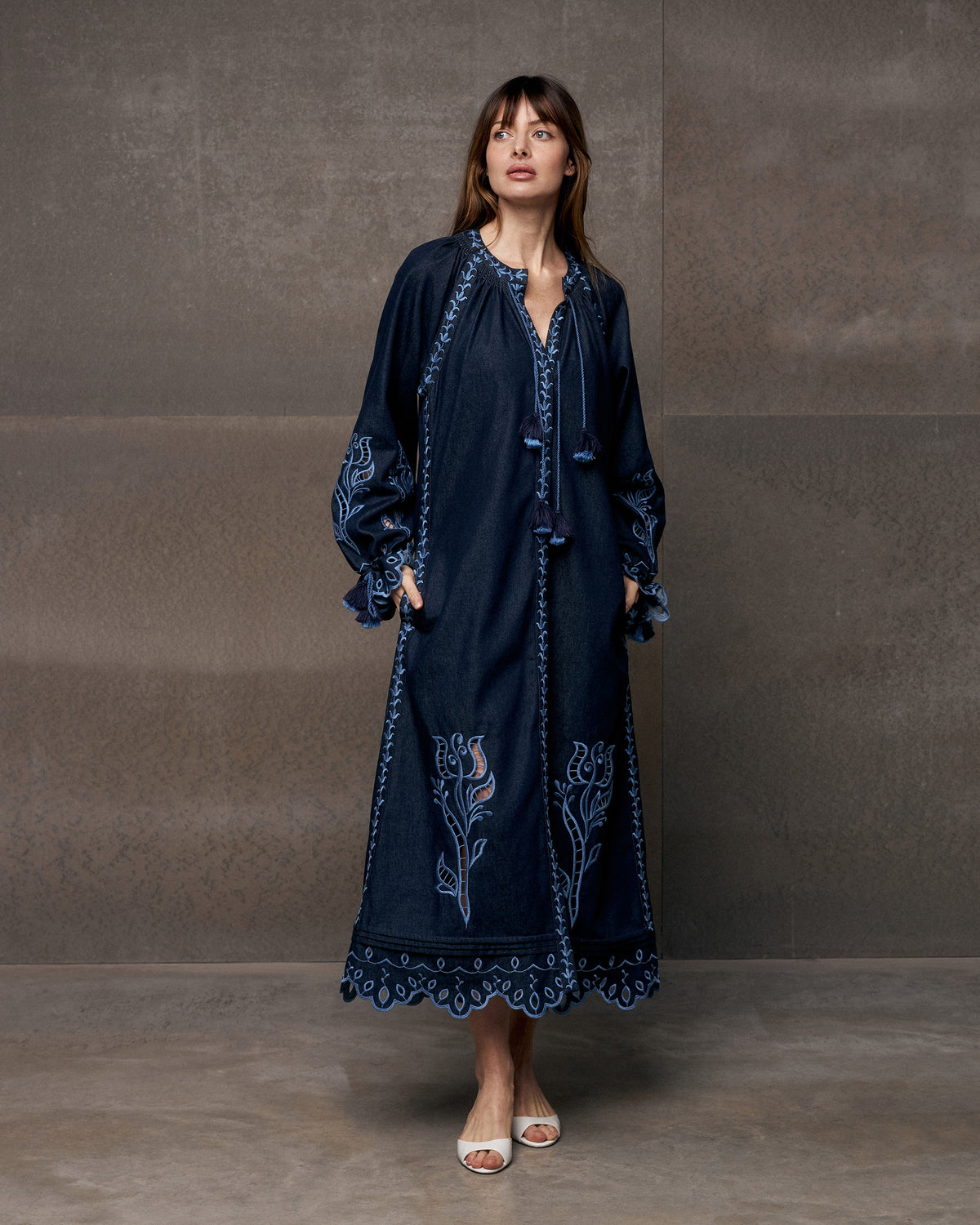 Midnight Rose Embroidered Cotton Maxi Dress