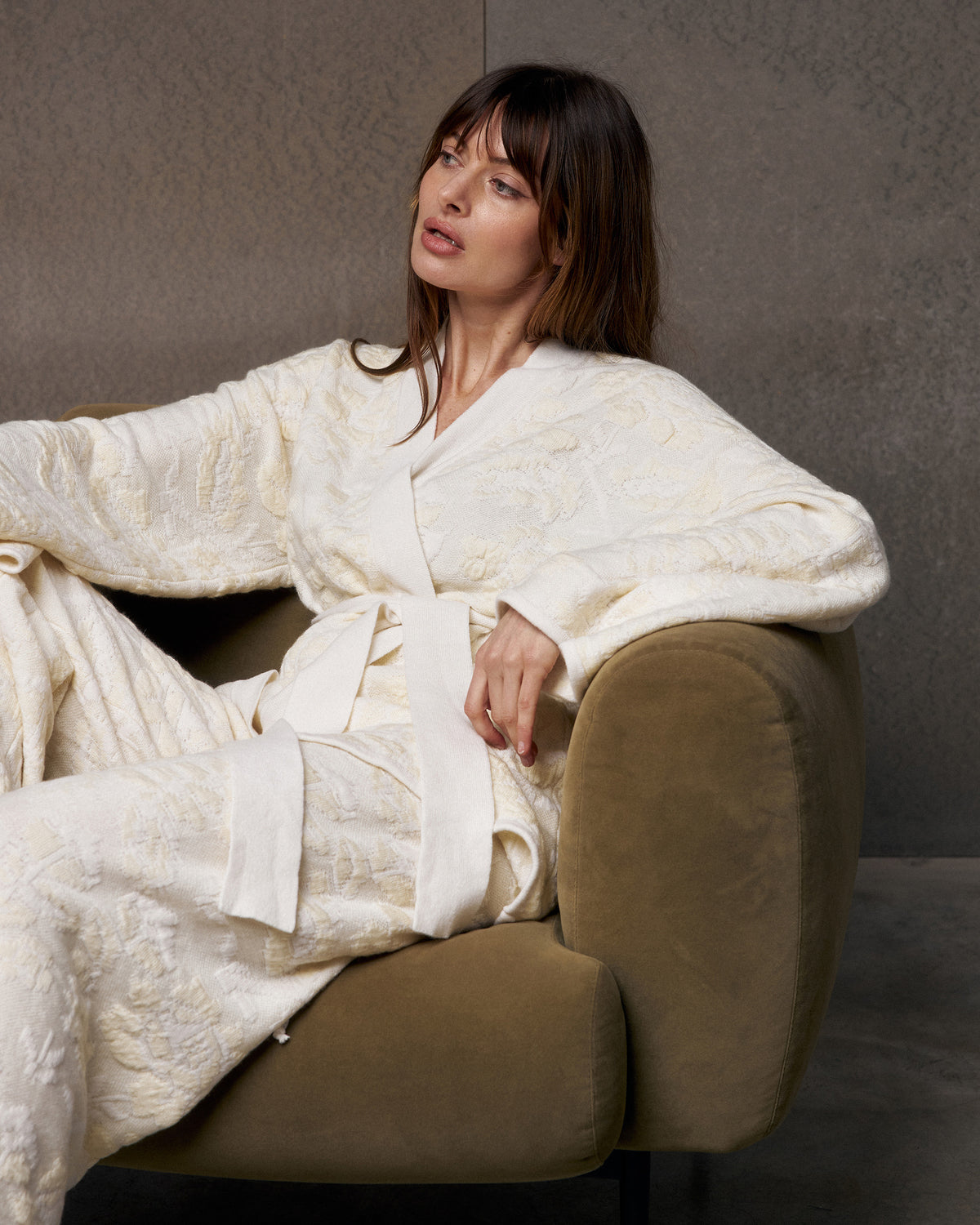 Pale Rose Jacquard Wool Belted Cardigan
