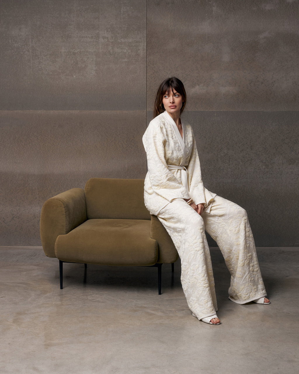 Pale Rose Jacquard Wool Belted Cardigan