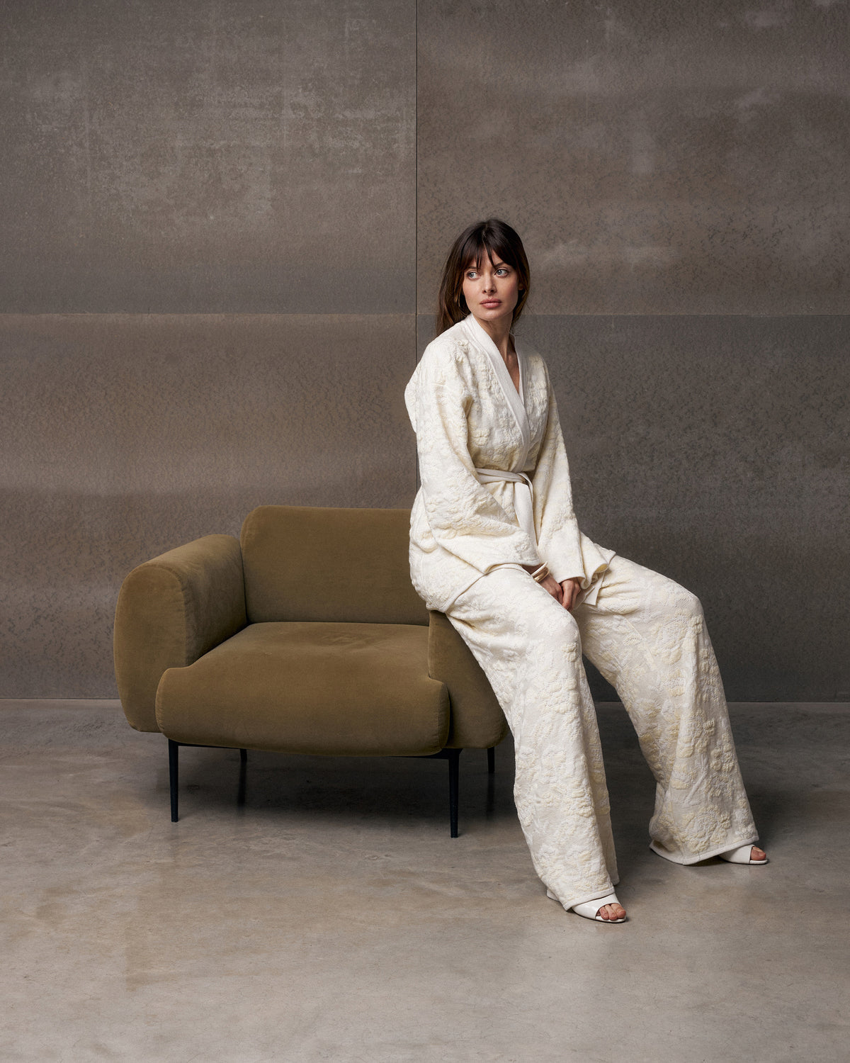 Pale Rose Jacquard Wool Belted Cardigan