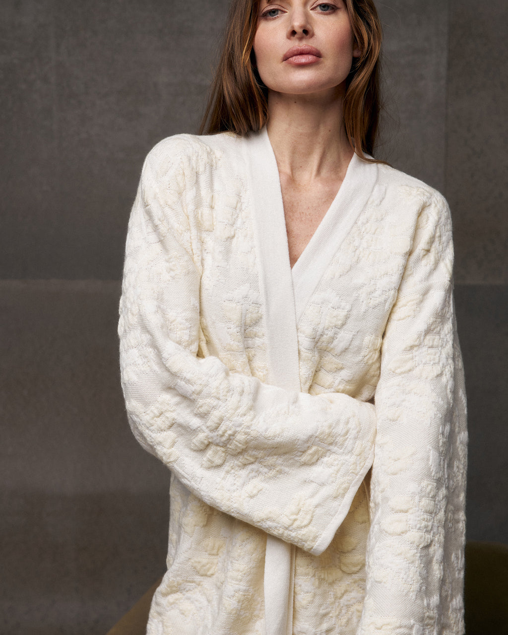 Pale Rose Jacquard Wool Belted Cardigan
