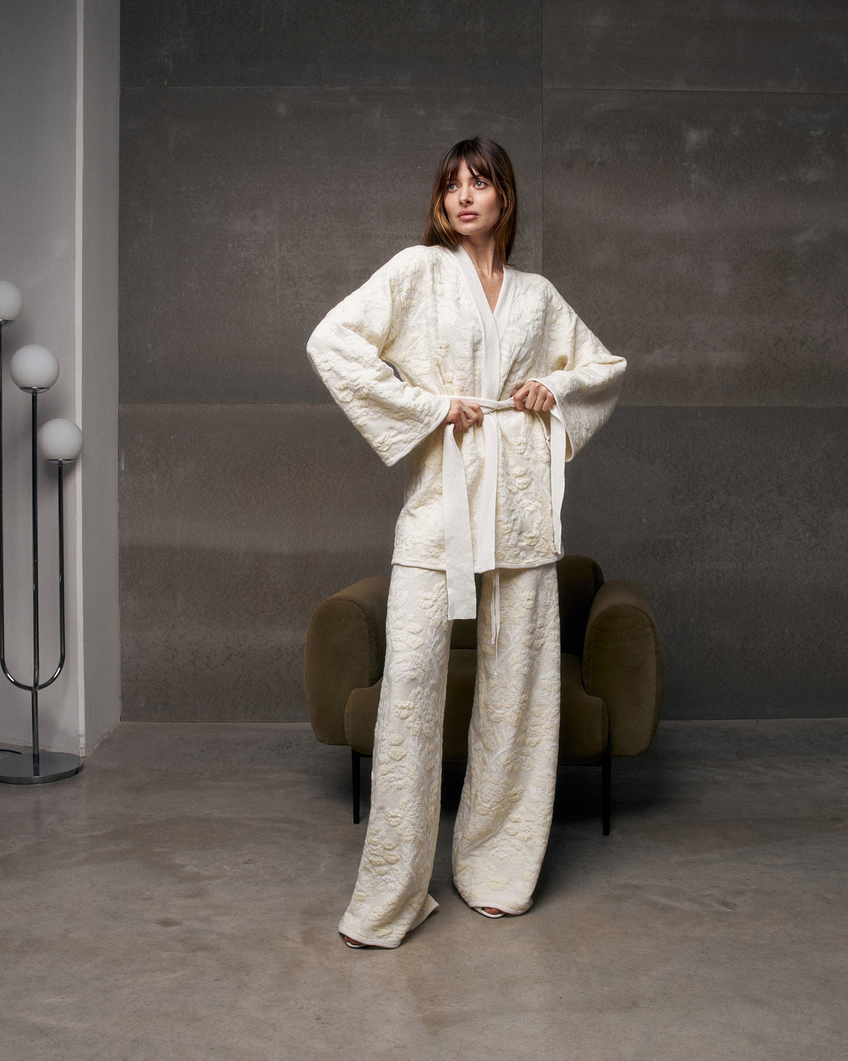 Pale Rose Jacquard Wool Belted Cardigan