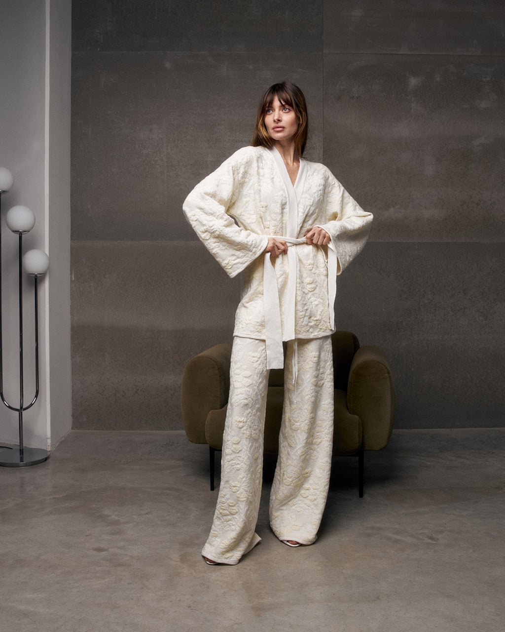 Pale Rose Jacquard Wool Wide-Leg Pants