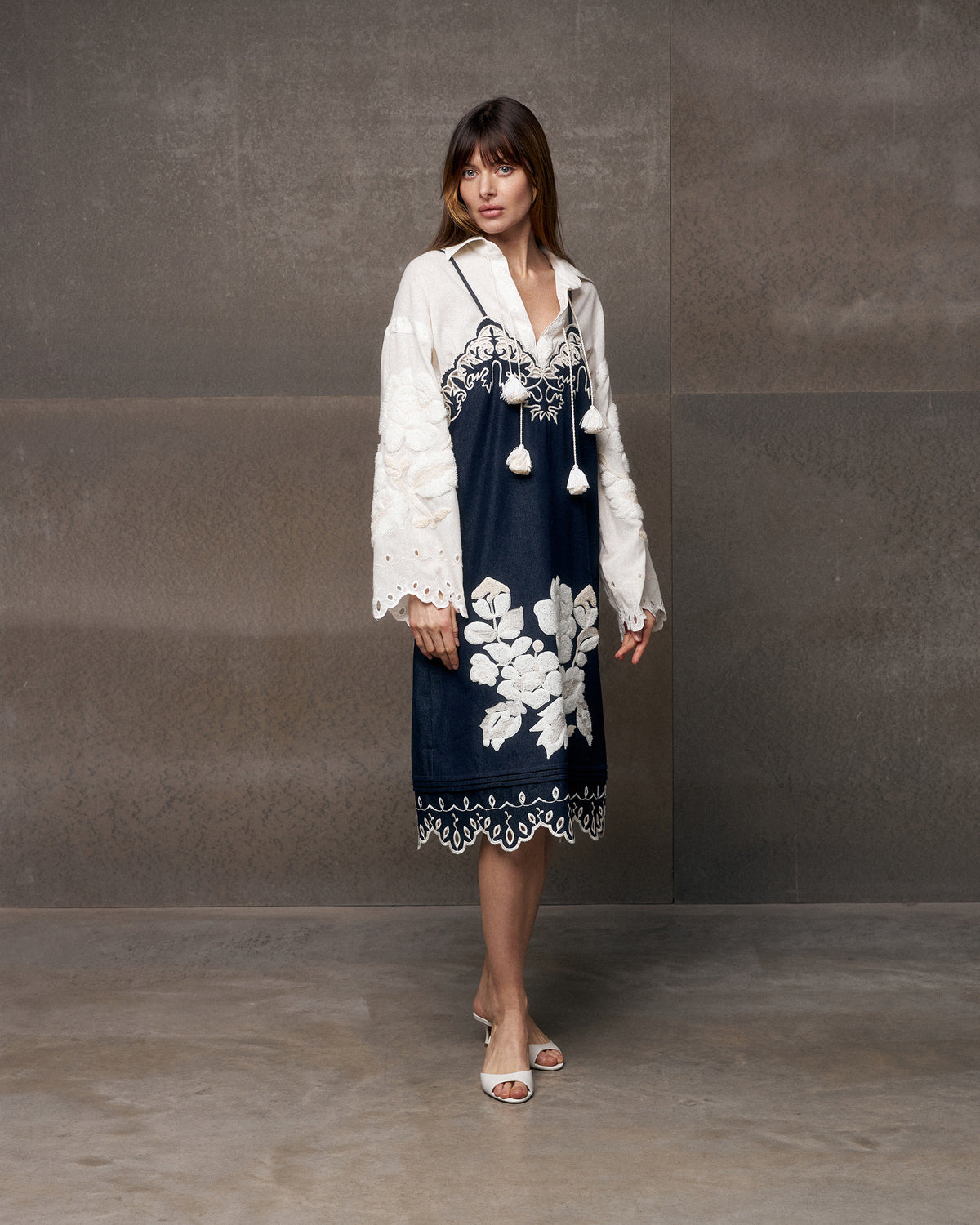 Amber Rose Embroidered Denim Midi Dress