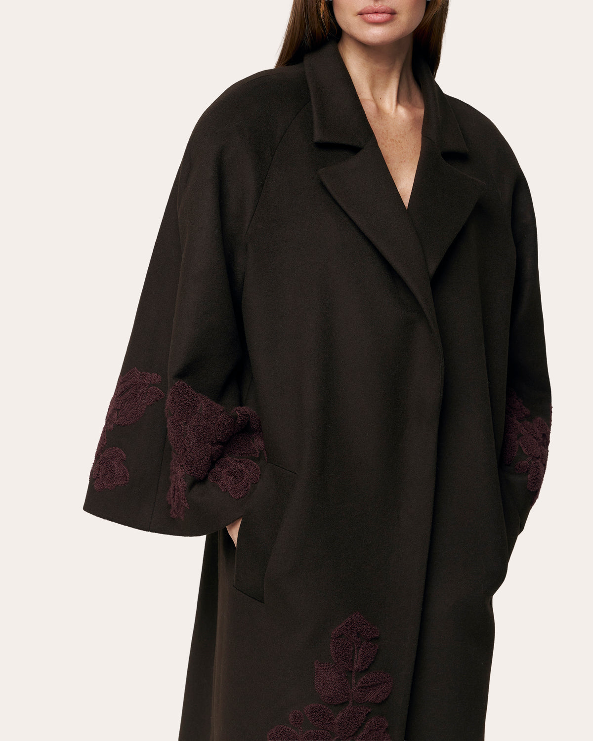Ashen Rose Embroidered Wool Coat