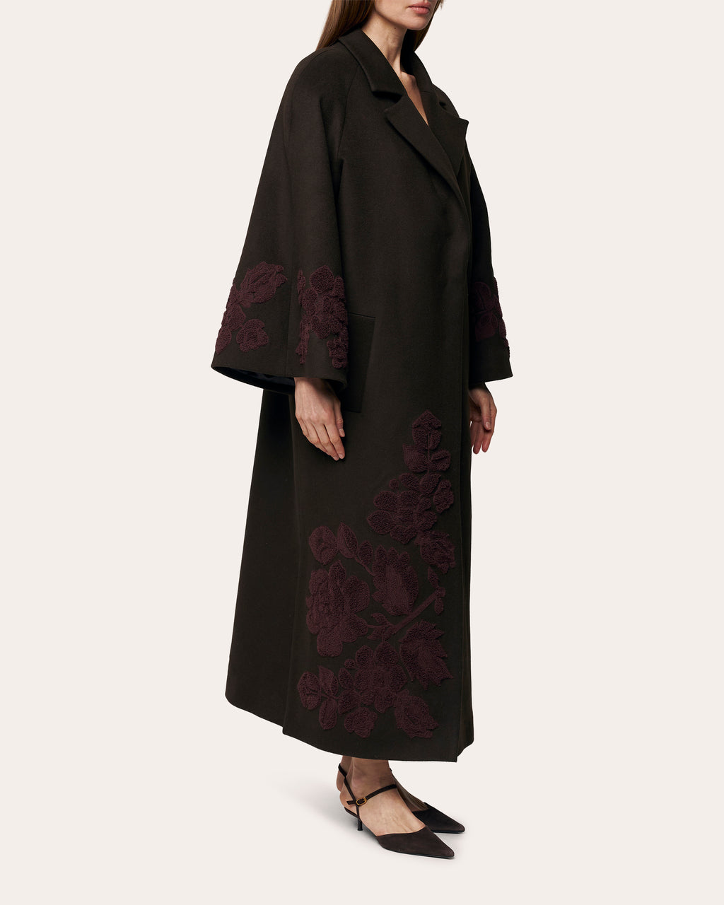 Ashen Rose Embroidered Wool Coat