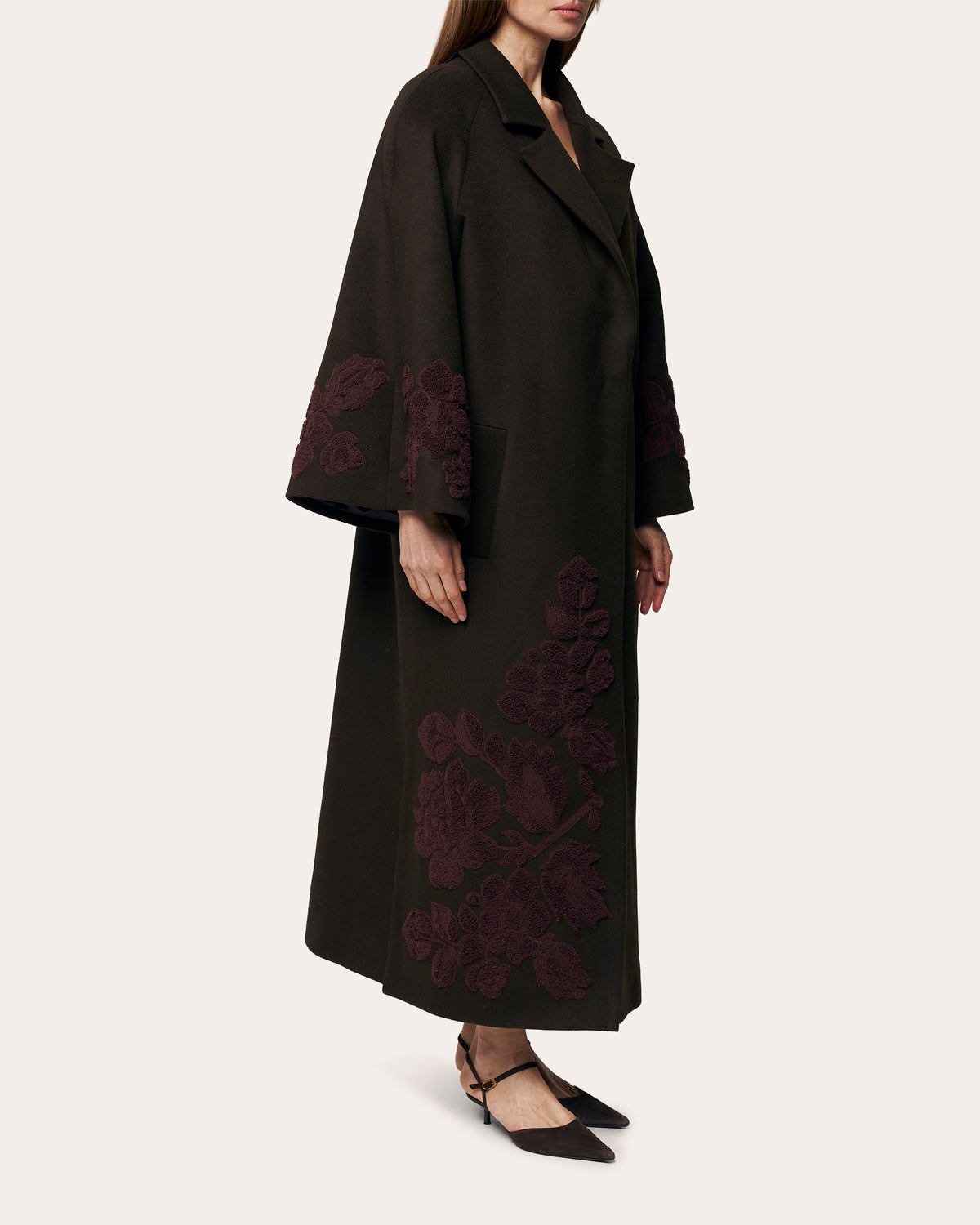 Ashen Rose Embroidered Wool Coat