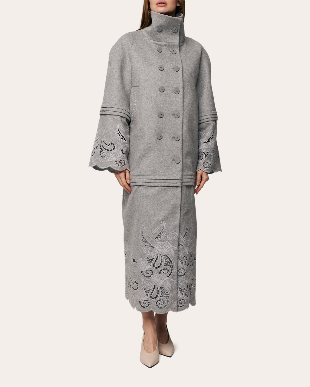Rose Eclipse Embroidered Cutwork Wool Coat