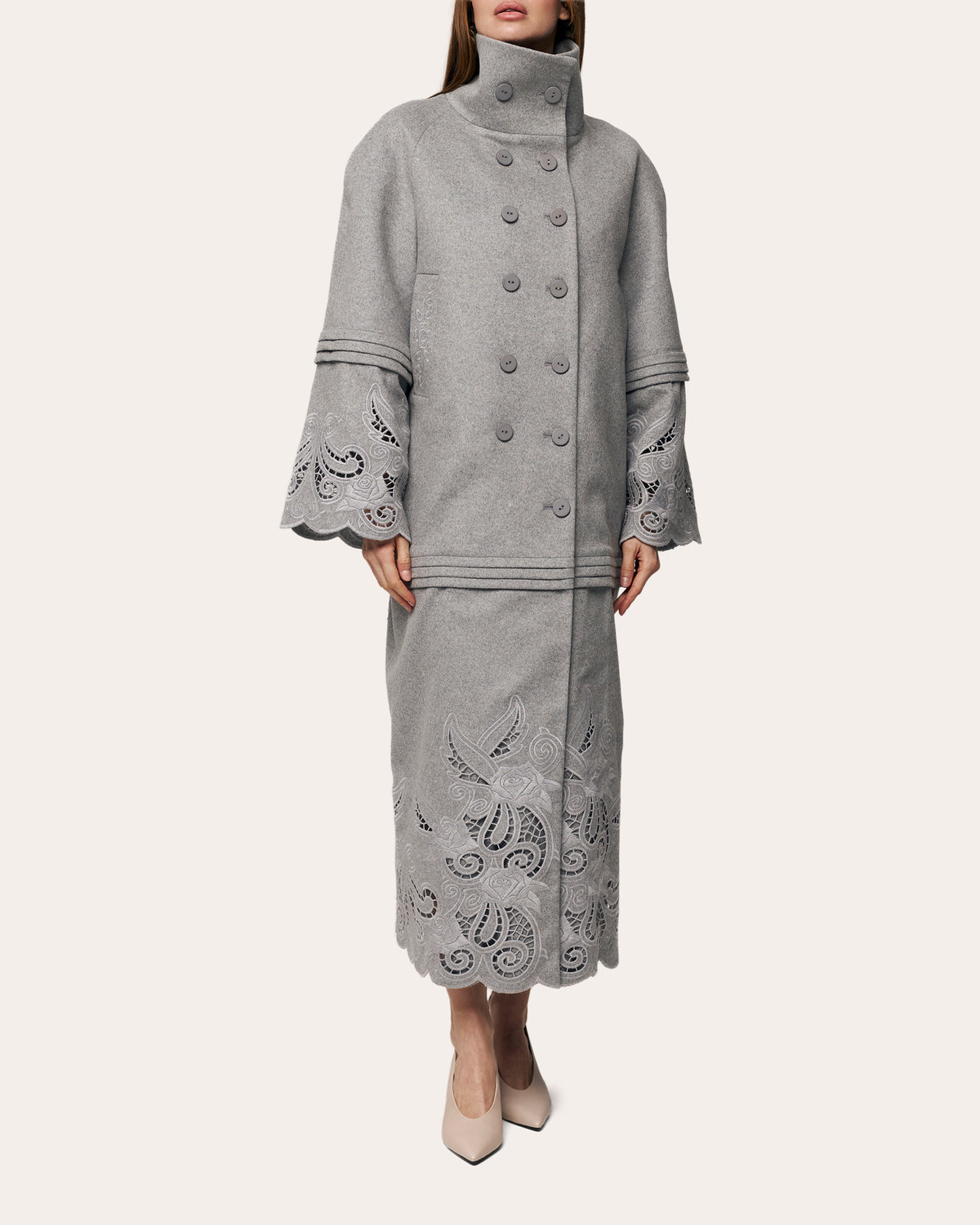 Rose Eclipse Embroidered Cutwork Wool Coat