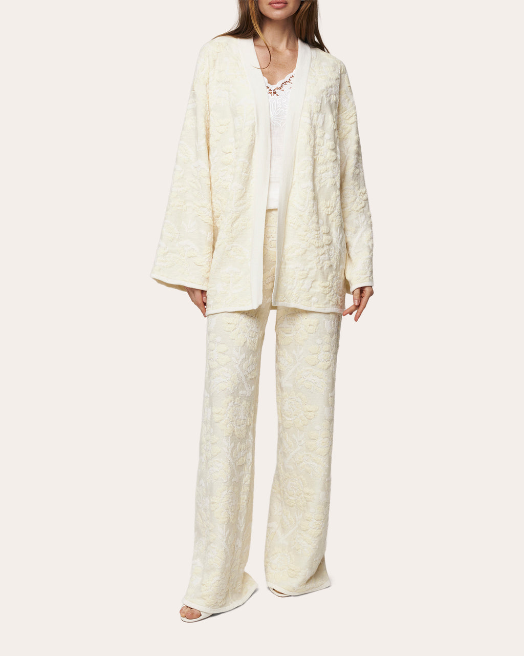 Pale Rose Jacquard Wool Wide-Leg Pants