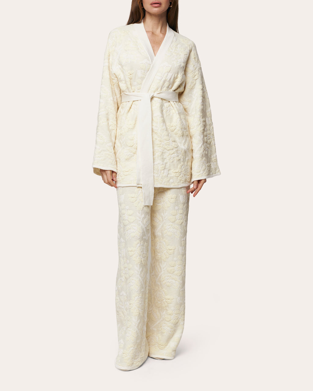 Pale Rose Jacquard Wool Belted Cardigan
