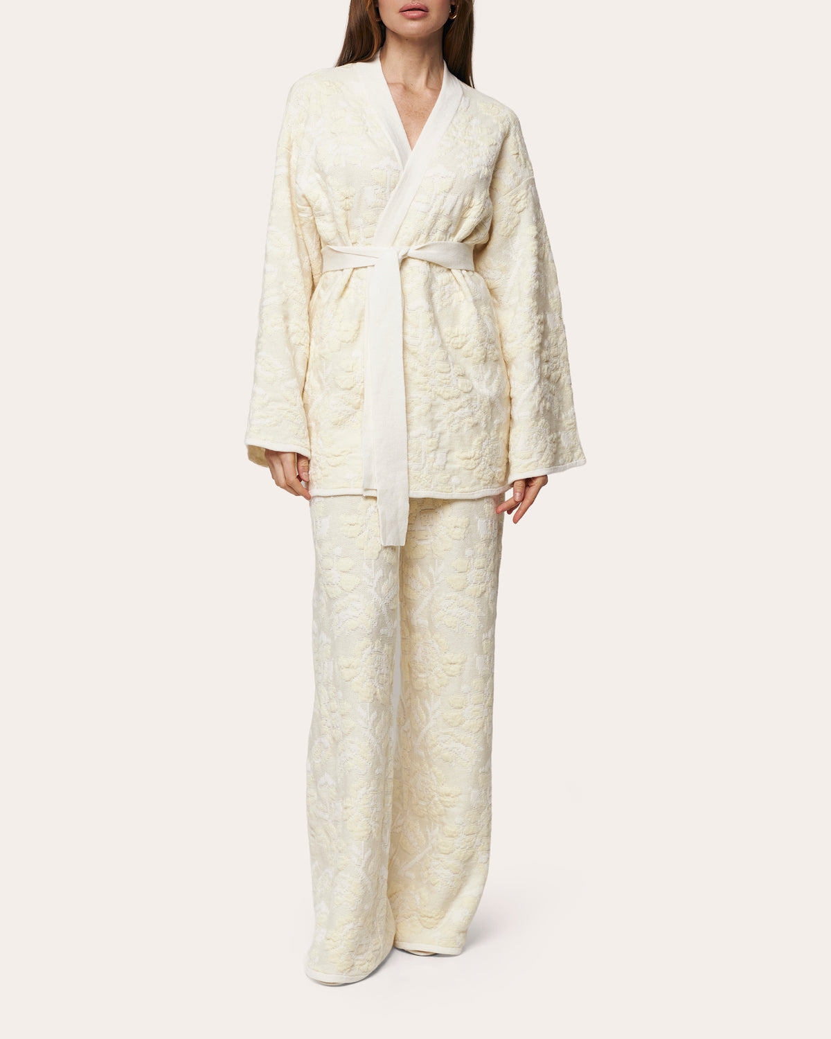 Pale Rose Jacquard Wool Belted Cardigan