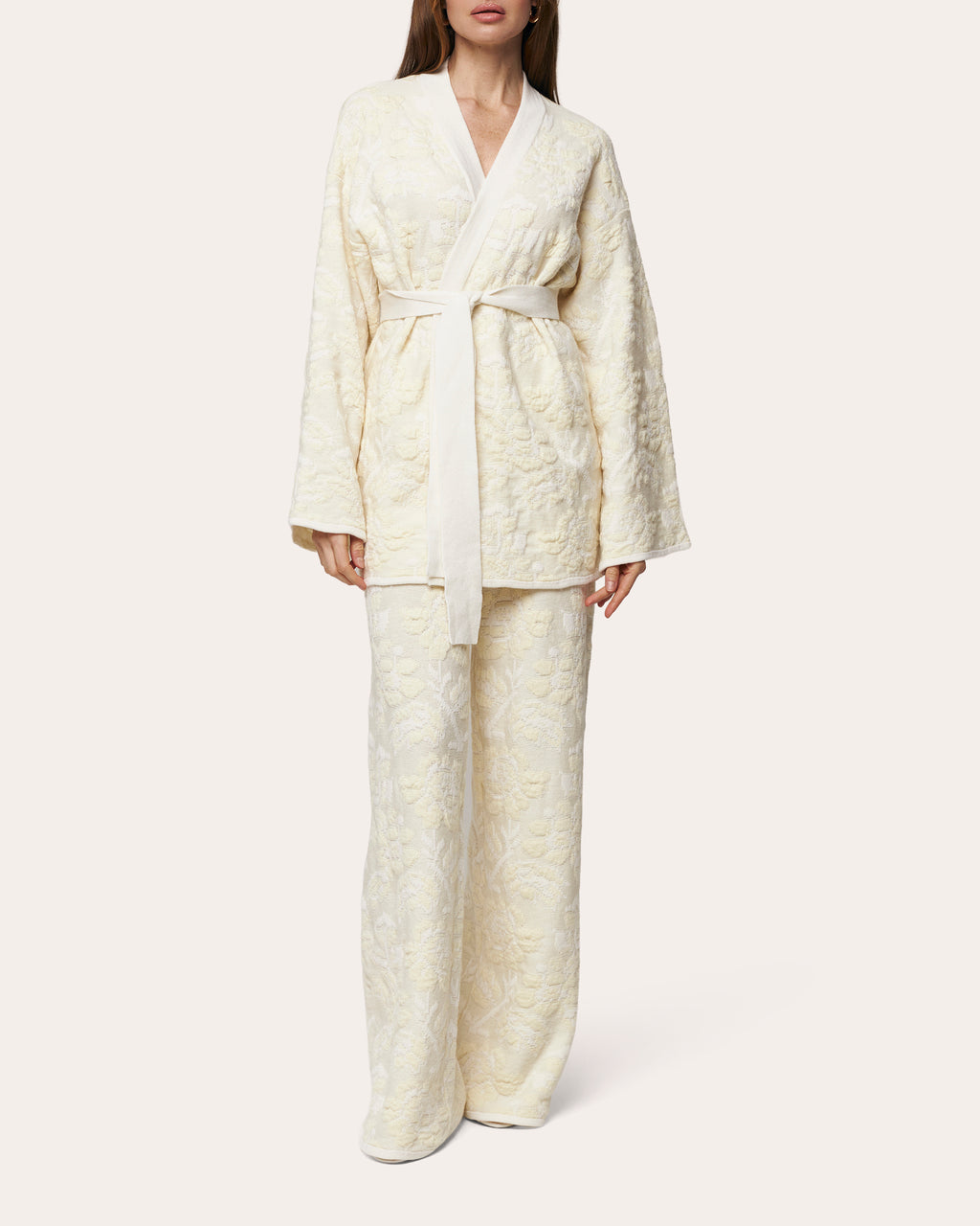 Pale Rose Jacquard Wool Wide-Leg Pants