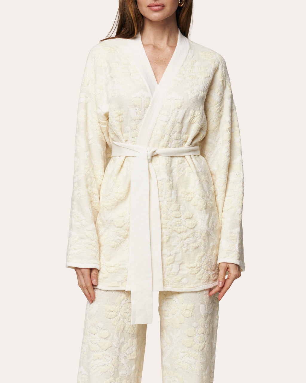 Pale Rose Jacquard Wool Belted Cardigan