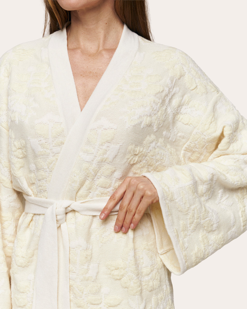 Pale Rose Jacquard Wool Belted Cardigan