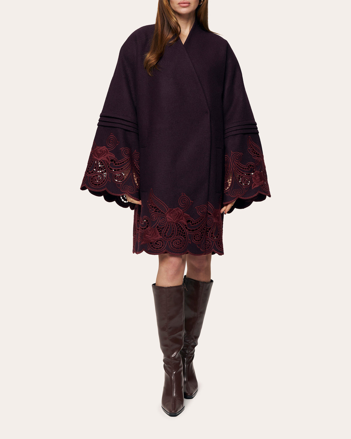 Winter Plum Embroidered Cutwork Wrap Coat