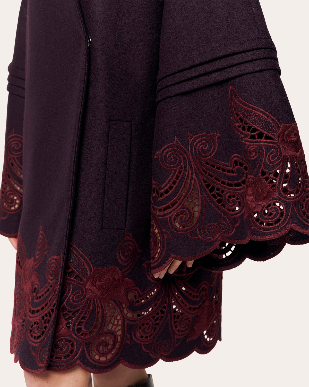 Winter Plum Embroidered Cutwork Wrap Coat