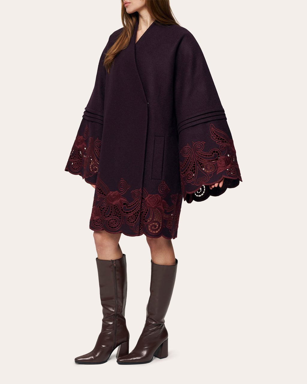 Winter Plum Embroidered Cutwork Wrap Coat