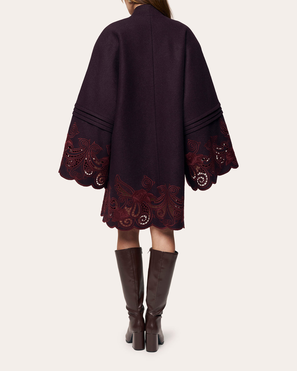 Winter Plum Embroidered Cutwork Wrap Coat