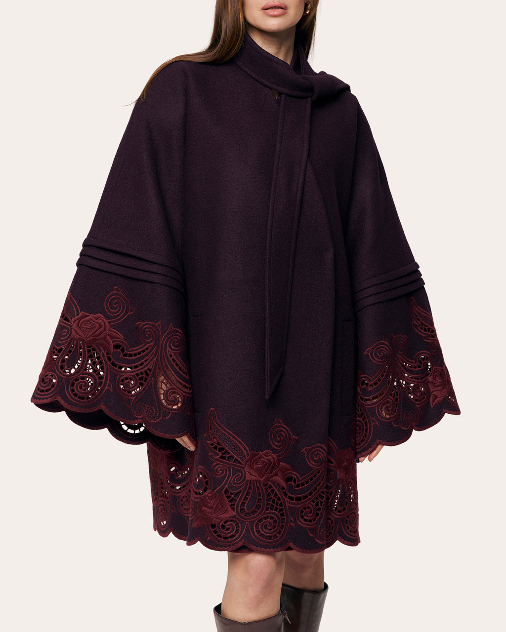 Winter Plum Embroidered Cutwork Wrap Coat