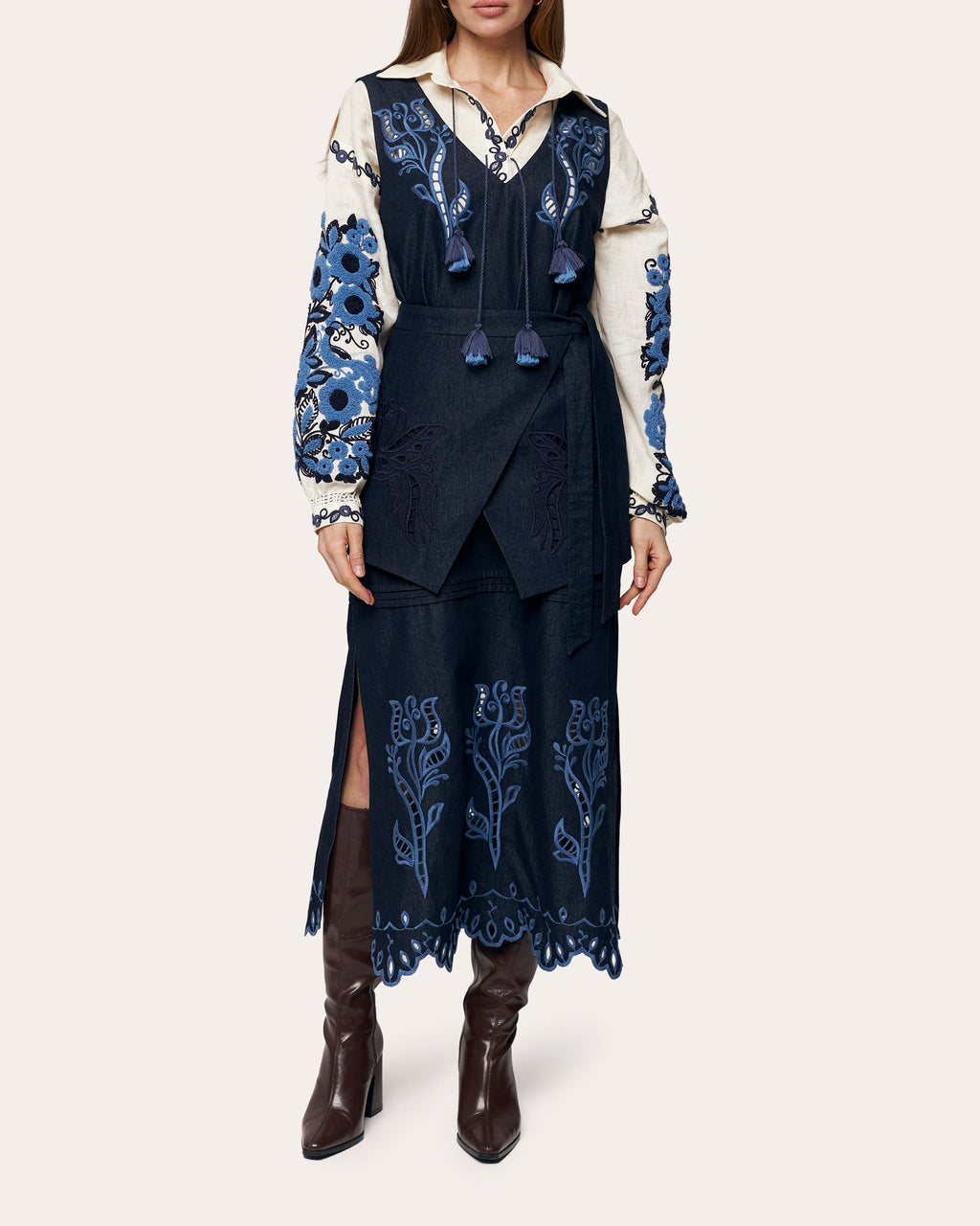 Midnight Rose Embroidered Denim Midi Dress