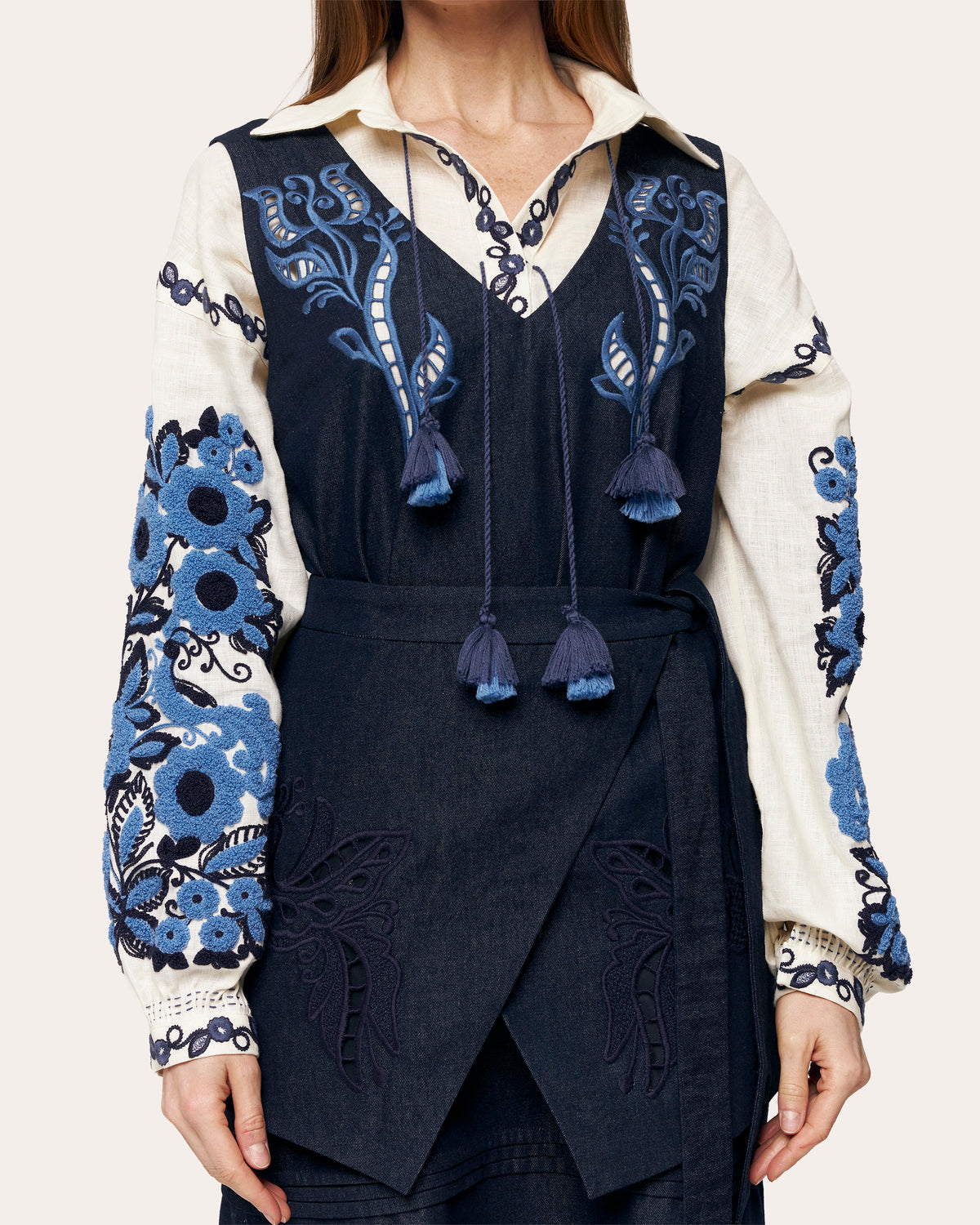 Midnight Rose Embroidered Denim Midi Dress