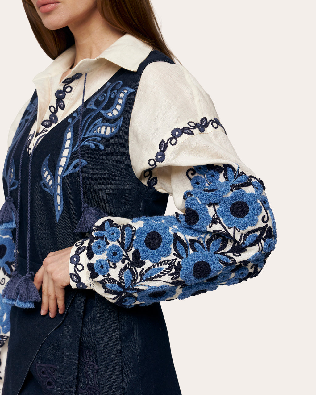 Midnight Rose Embroidered Denim Midi Dress