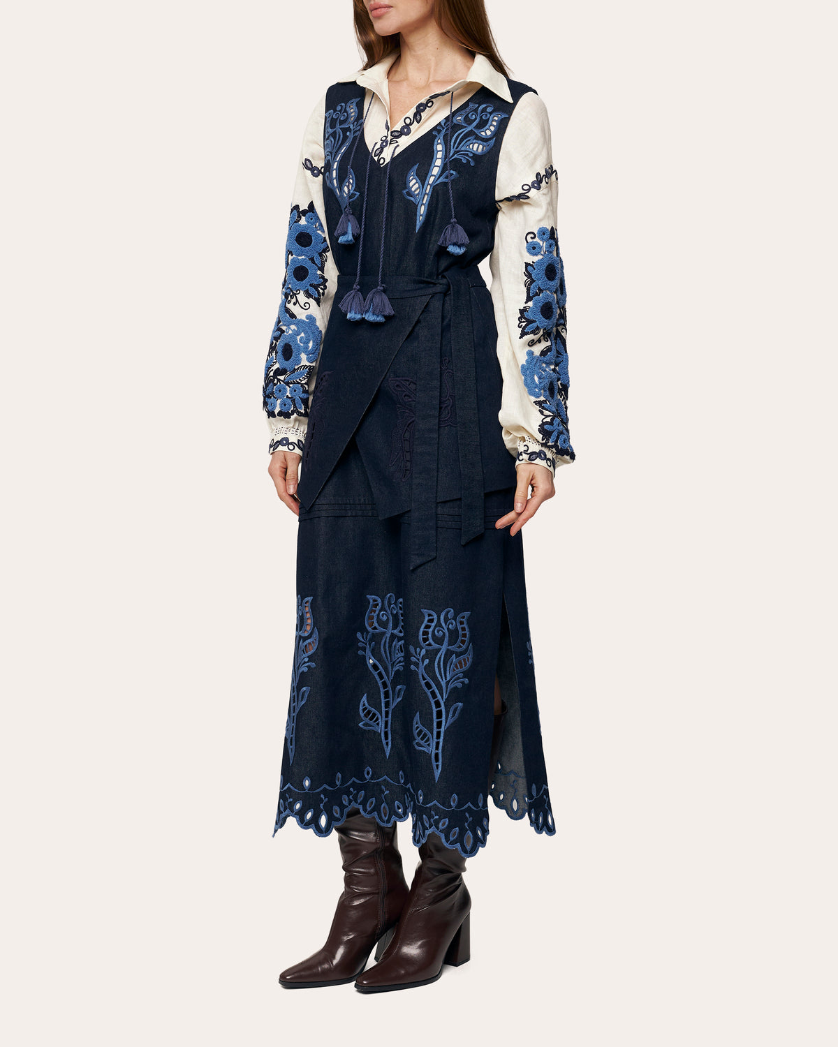 Midnight Rose Embroidered Denim Midi Dress