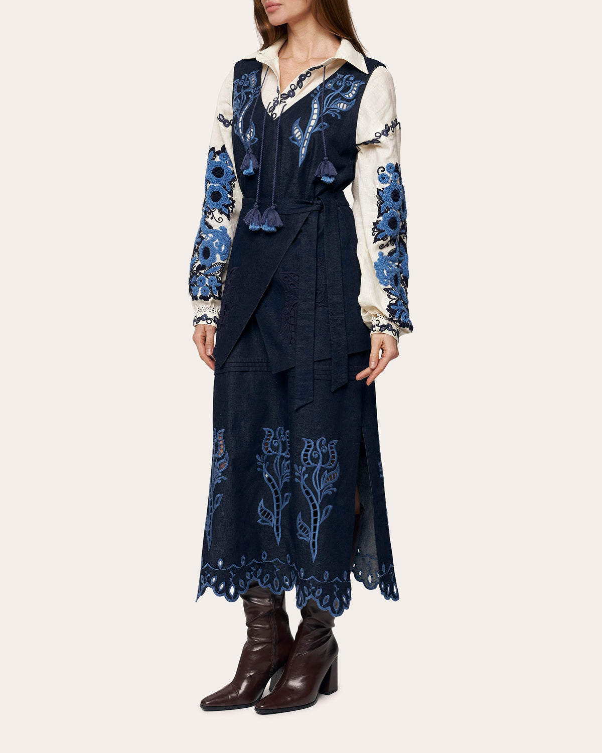 Column Bloom Embroidered Linen High-Low Blouse
