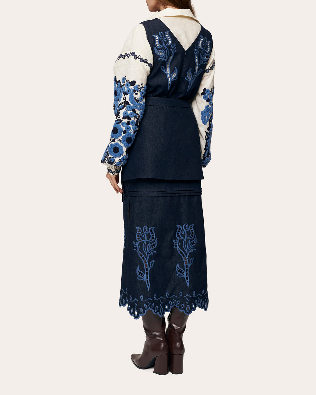Midnight Rose Embroidered Denim Midi Dress