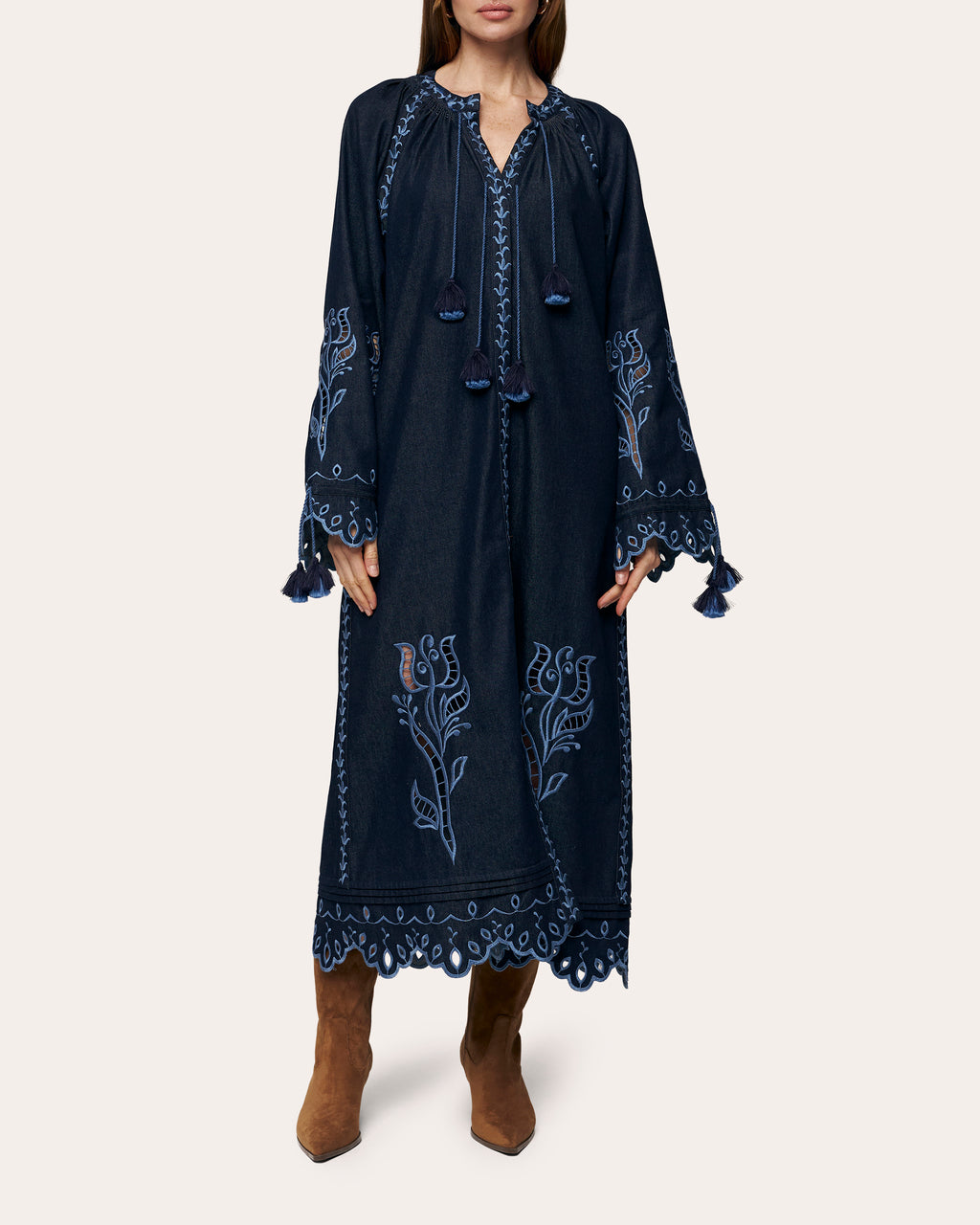 Midnight Rose Embroidered Cotton Maxi Dress
