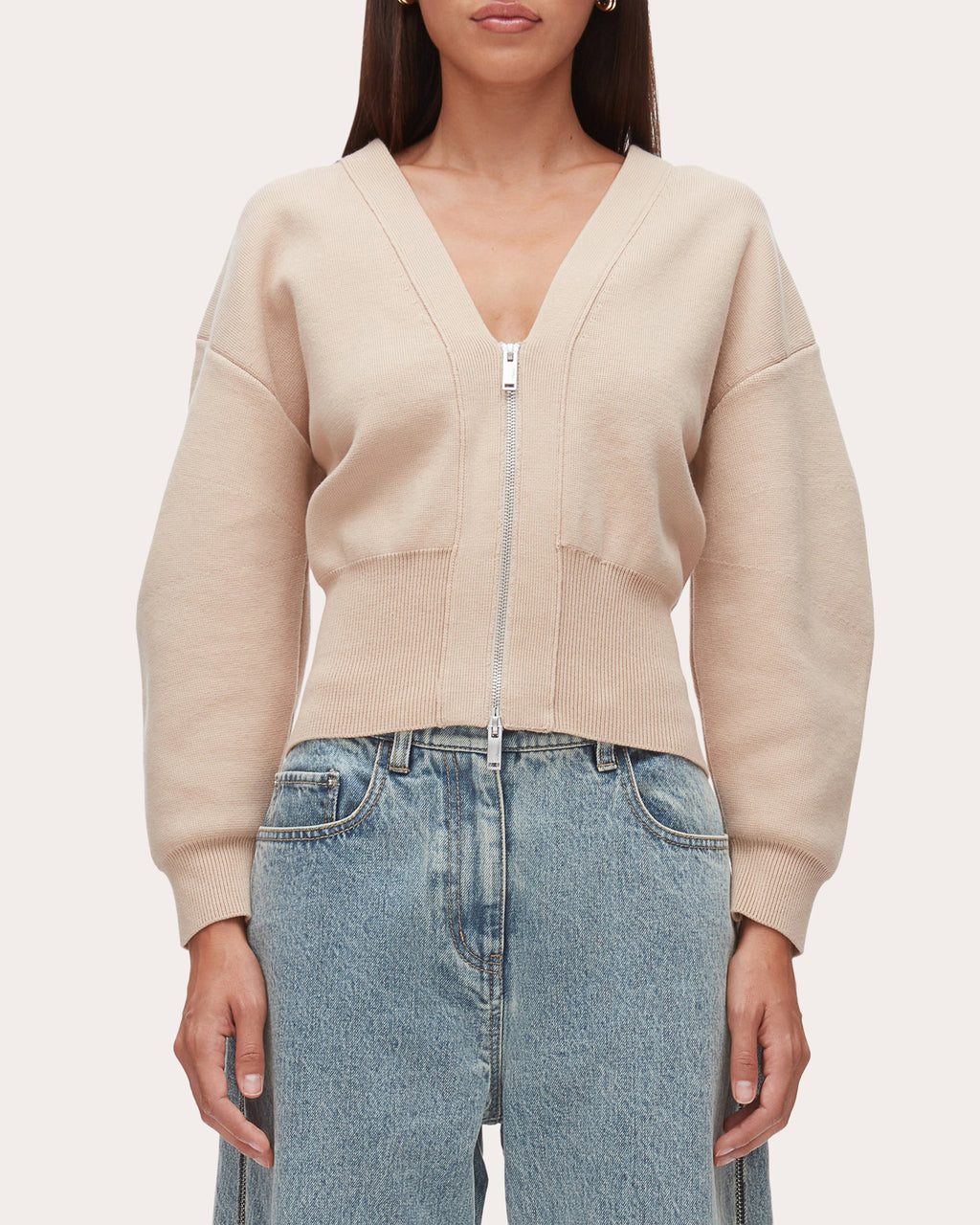 Knit Cotton Sculpted-Sleeve Crop Cardigan